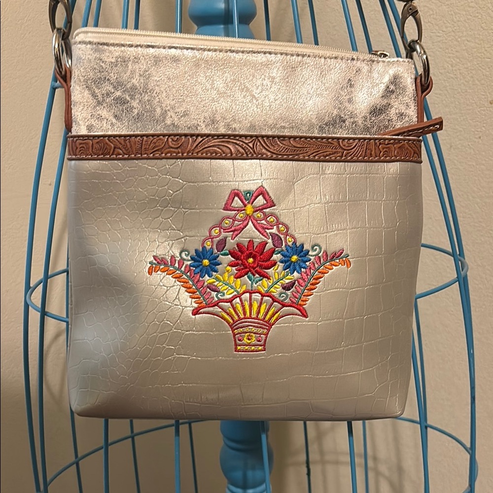 Embroidered Silver and Brown Women's Bag